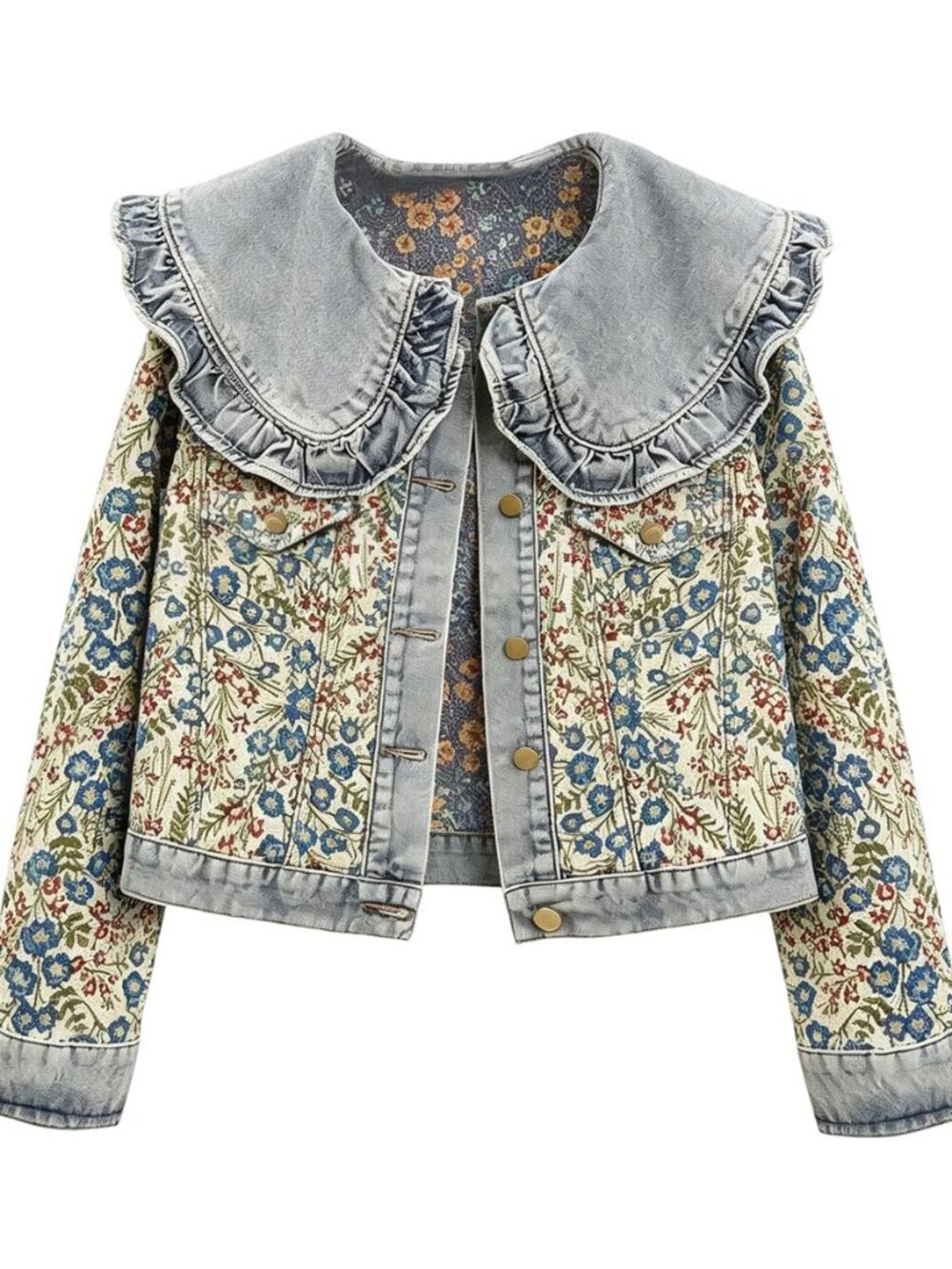 Women's Peter Pan Collar Jean Jacket Button Down Floral Denim Coat Cropped